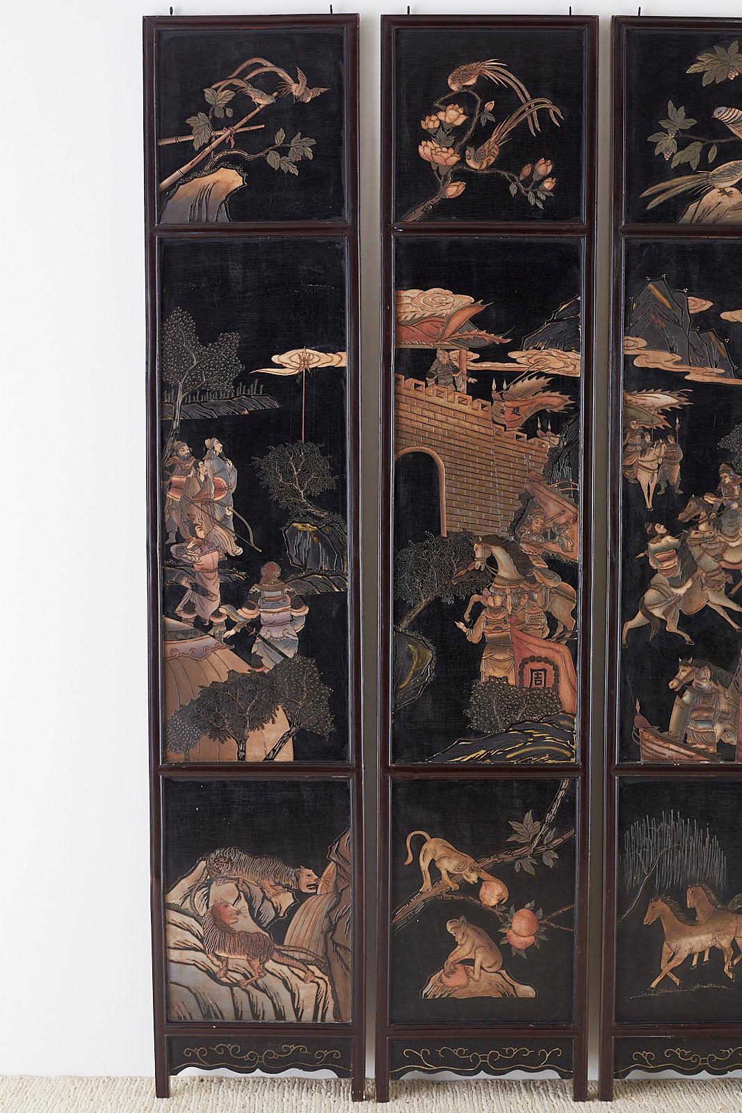 Chinese Export Chinese Four-Panel Lacquered Coromandel Panel Screen