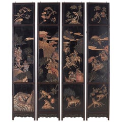 Chinese Four-Panel Lacquered Coromandel Panel Screen