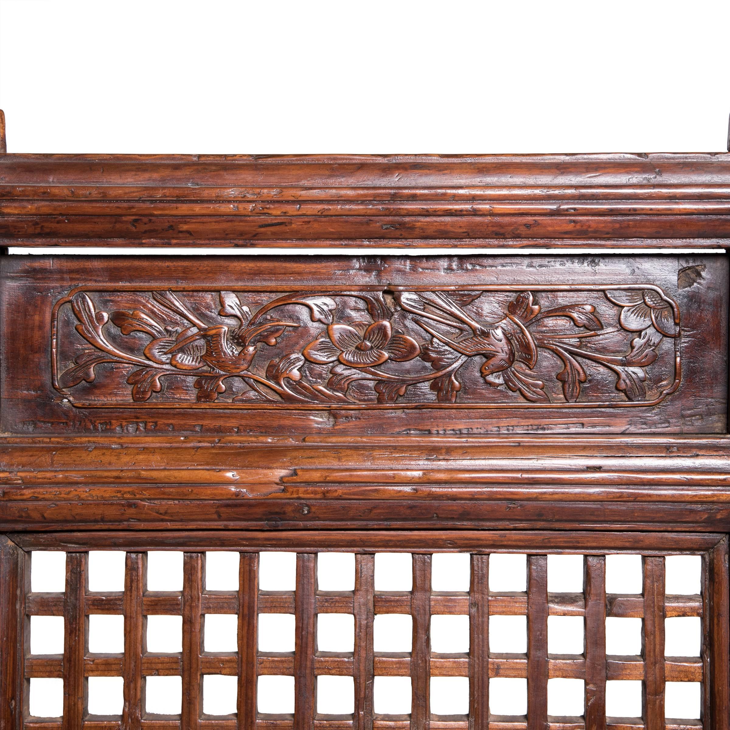 Carved Chinese Four-Panel Lattice Screen