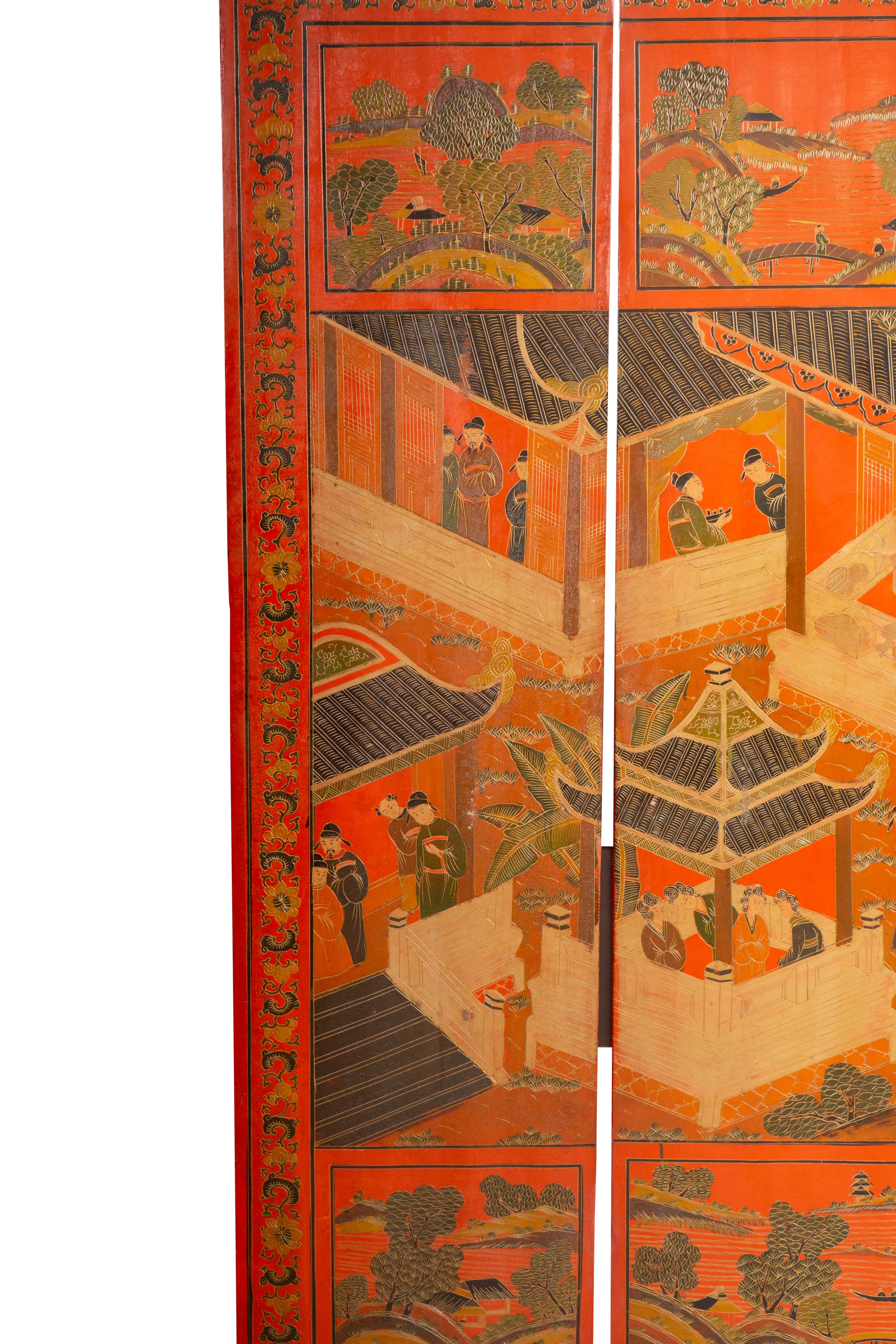 Chinese Four Panel Red Coromandel Screen 6