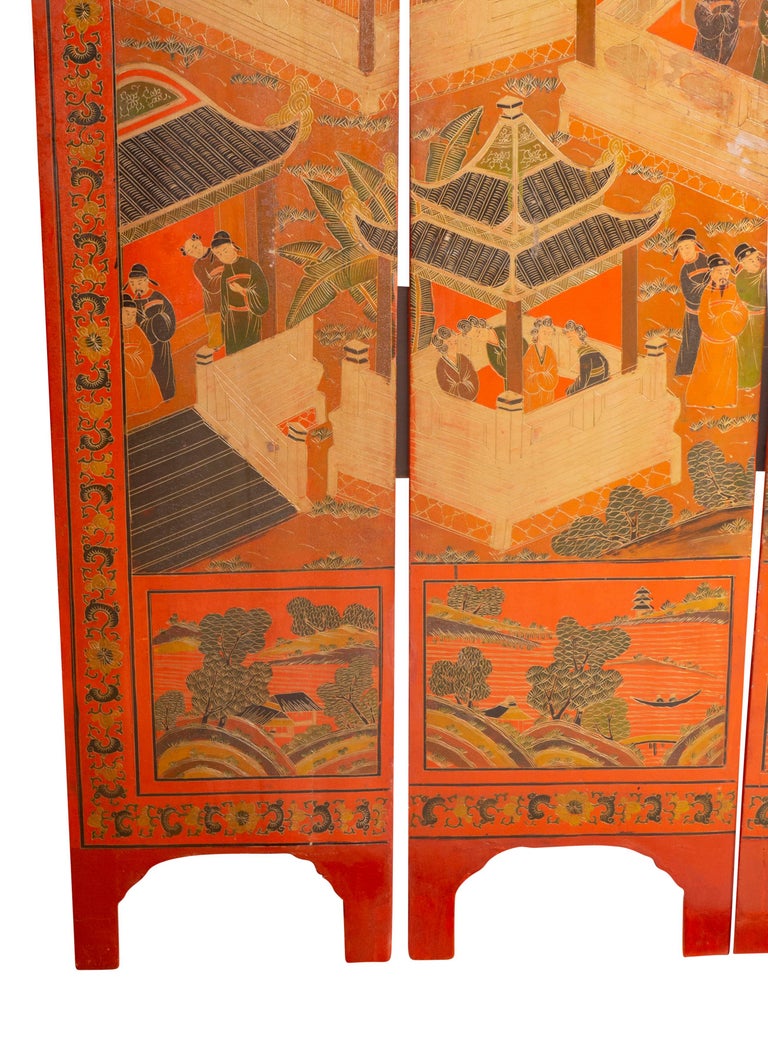 Chinese Four Panel Red Coromandel Screen For Sale 7