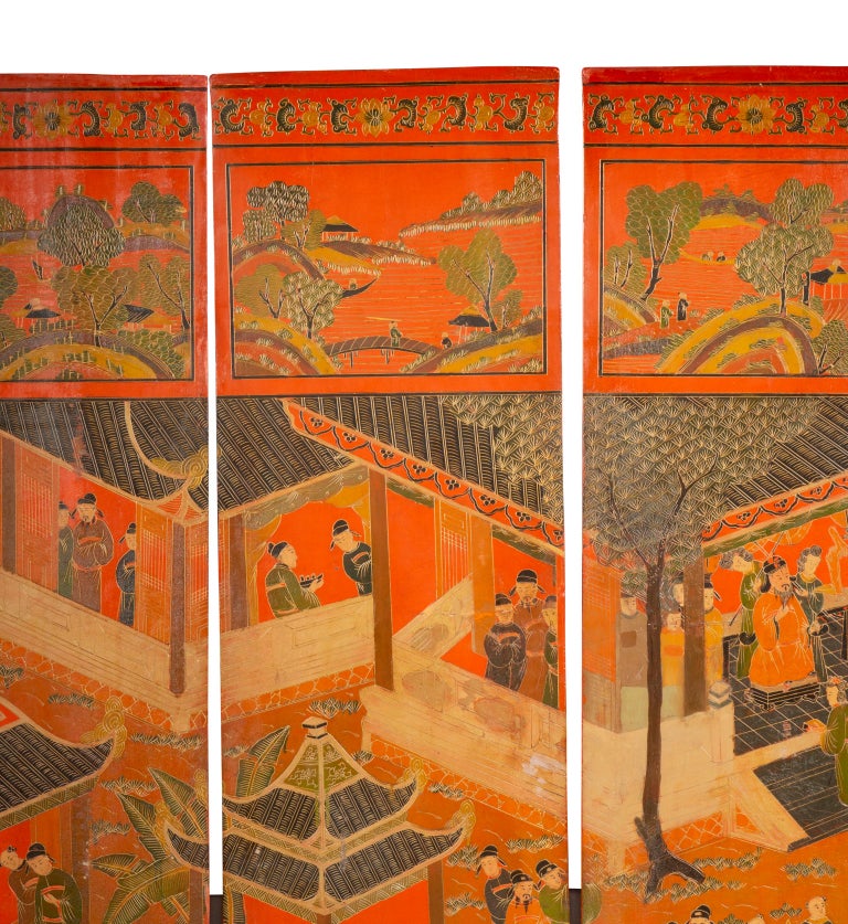Chinese Four Panel Red Coromandel Screen For Sale 8