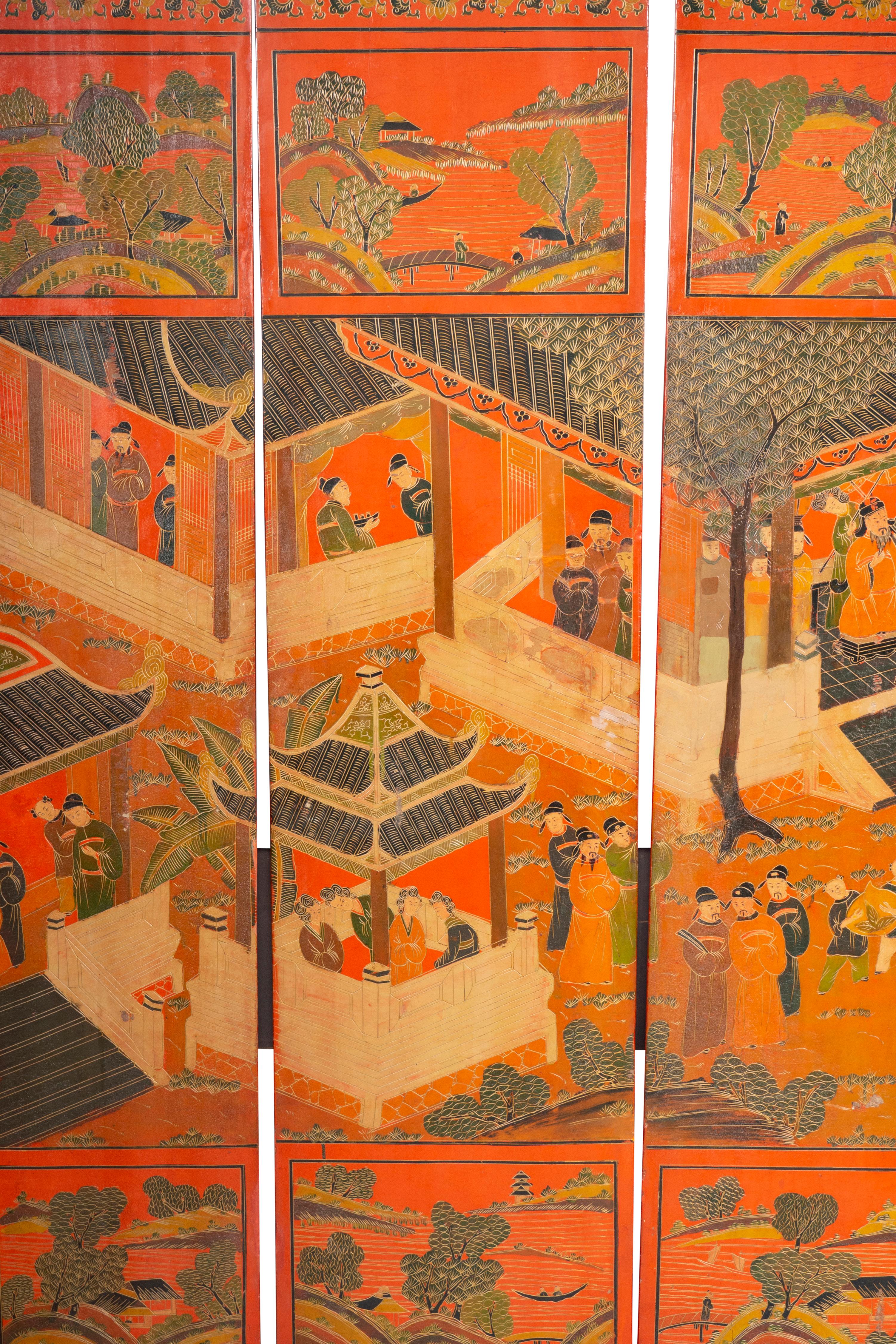 Chinese Four Panel Red Coromandel Screen 9