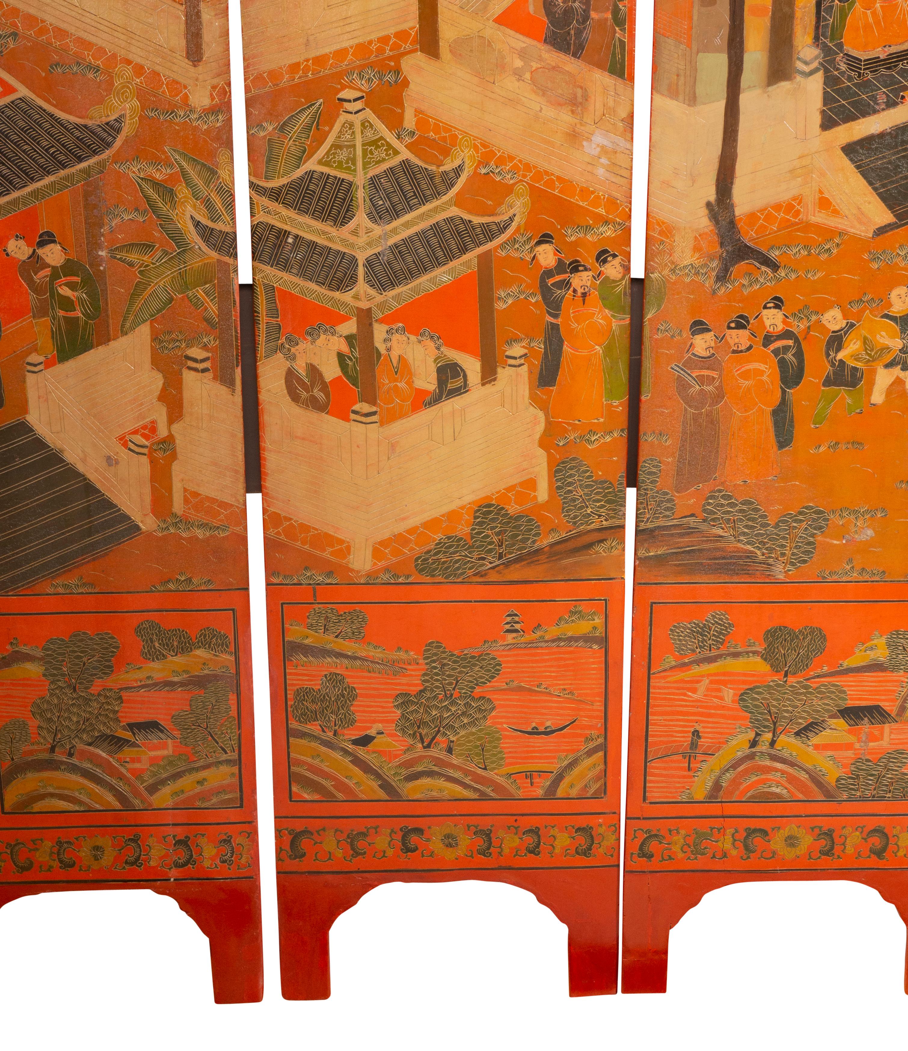 Chinese Four Panel Red Coromandel Screen 10