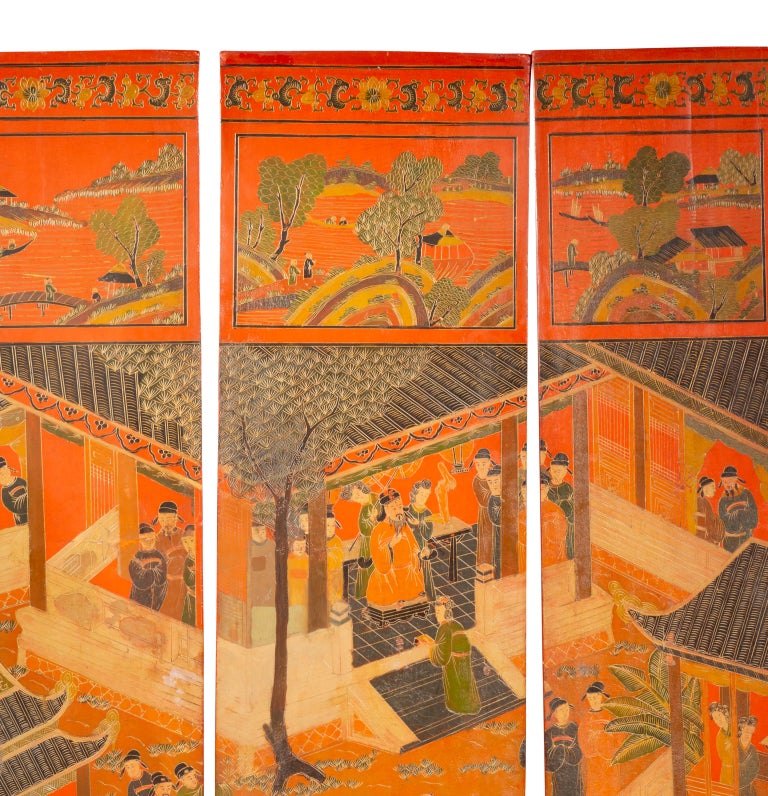 Chinese Four Panel Red Coromandel Screen For Sale 11