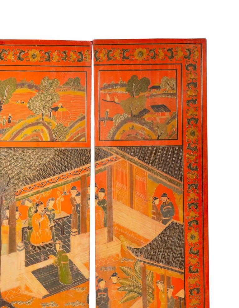 Chinese Four Panel Red Coromandel Screen For Sale 14