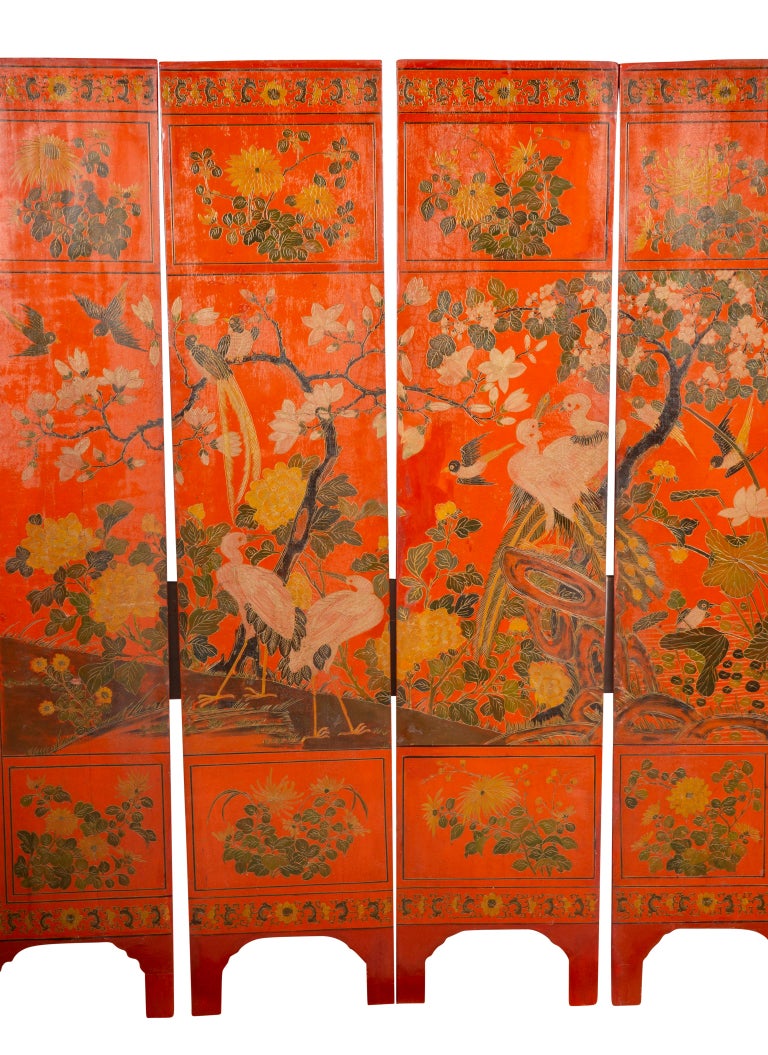 Four panel decorated on both sides with landscape on one and village scene on other.