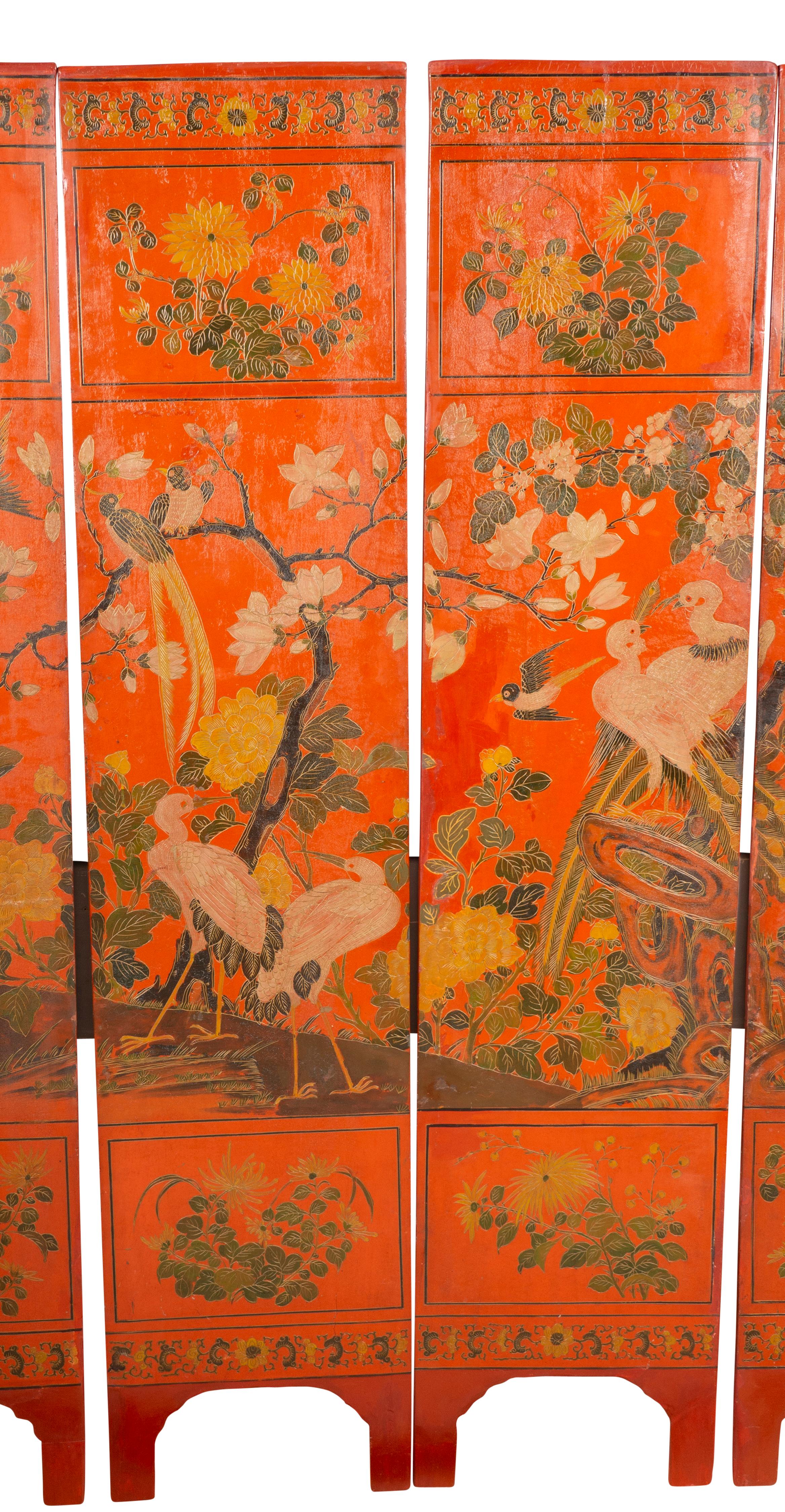 19th Century Chinese Four Panel Red Coromandel Screen