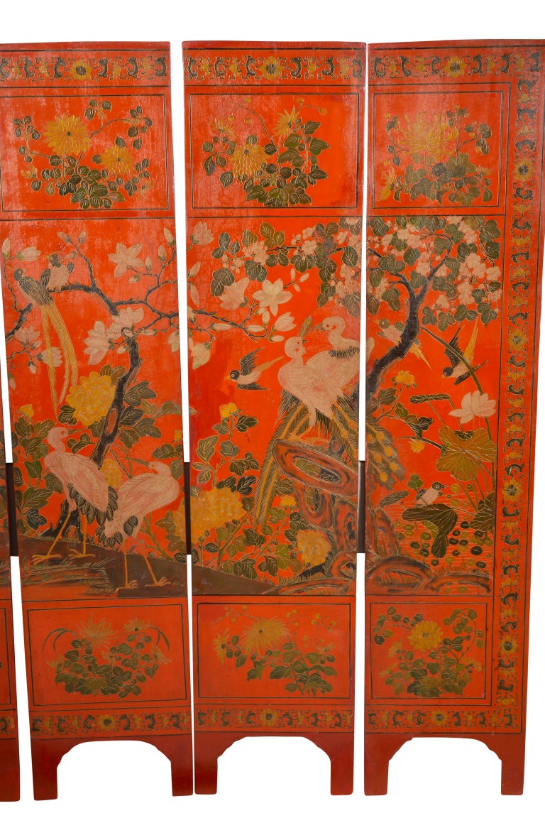 Lacquer Chinese Four Panel Red Coromandel Screen For Sale