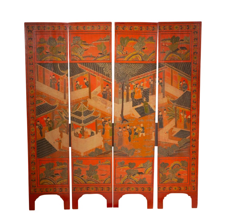 Chinese Four Panel Red Coromandel Screen For Sale 2