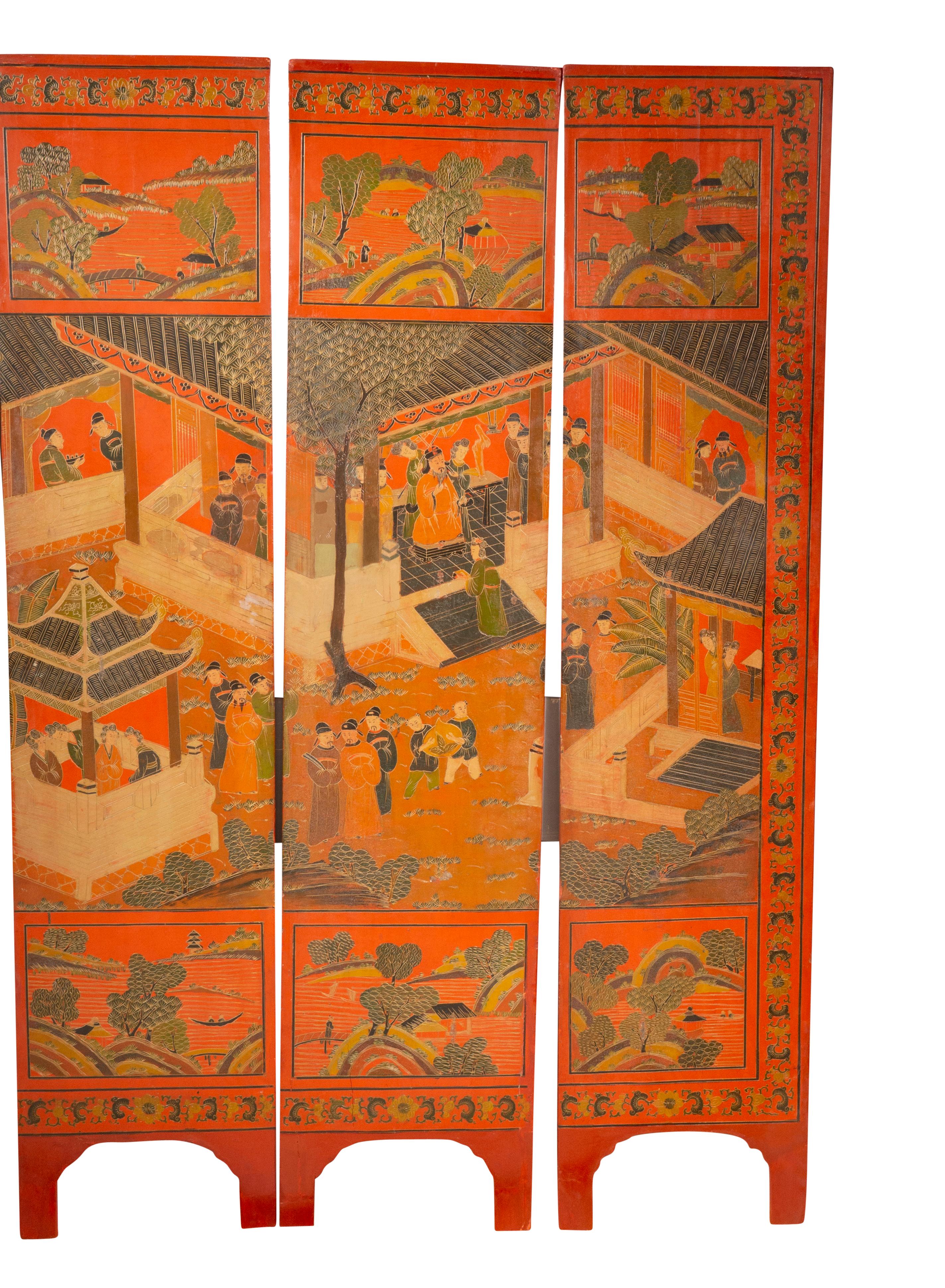 Chinese Four Panel Red Coromandel Screen 4