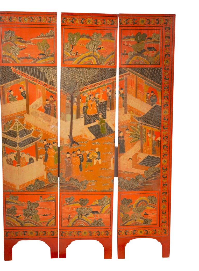 Chinese Four Panel Red Coromandel Screen For Sale 4