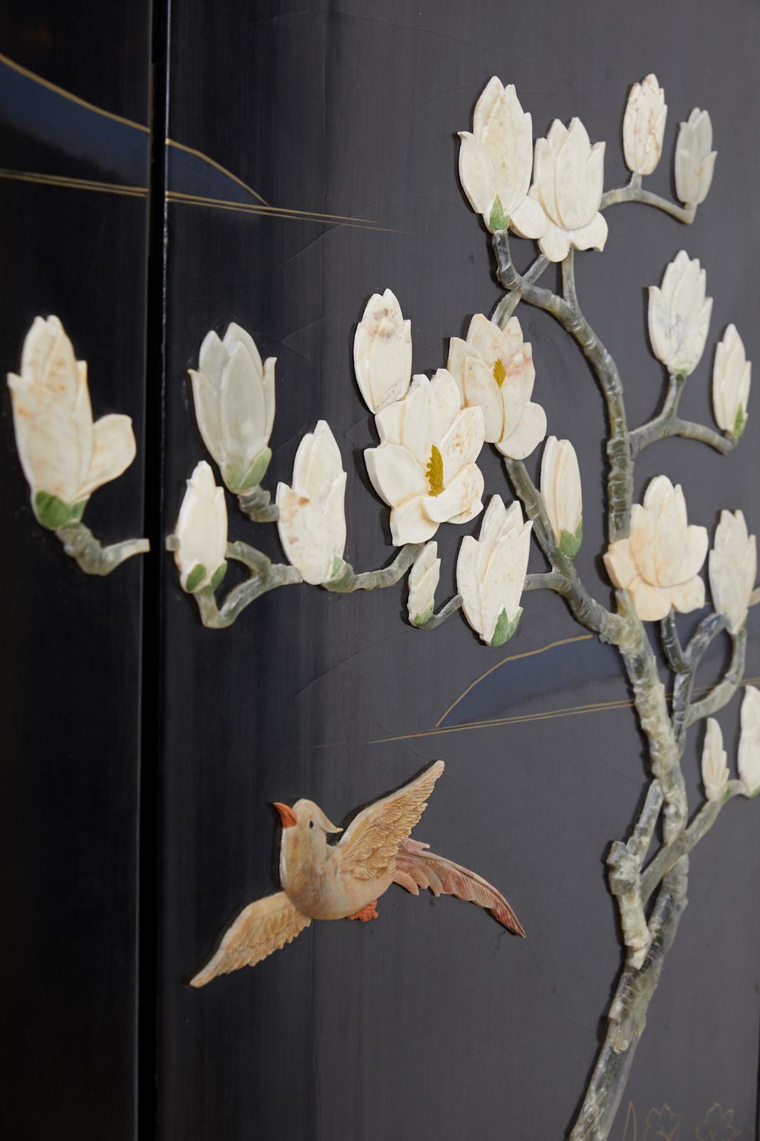 Chinese Four-Panel Screen Flora and Fauna Soapstone 7