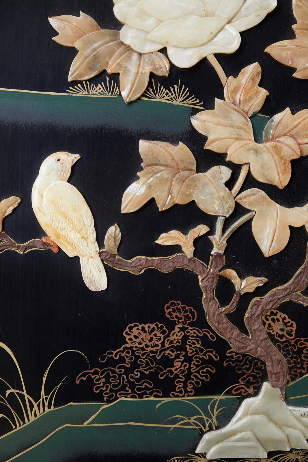 Chinese Four-Panel Screen Flora and Fauna Soapstone 9
