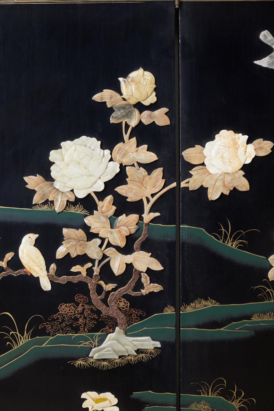 20th Century Chinese Four-Panel Screen Flora and Fauna Soapstone
