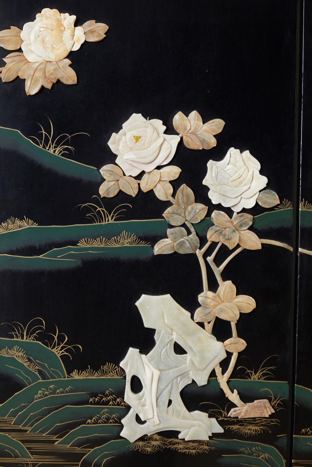 Chinese Four-Panel Screen Flora and Fauna Soapstone 1
