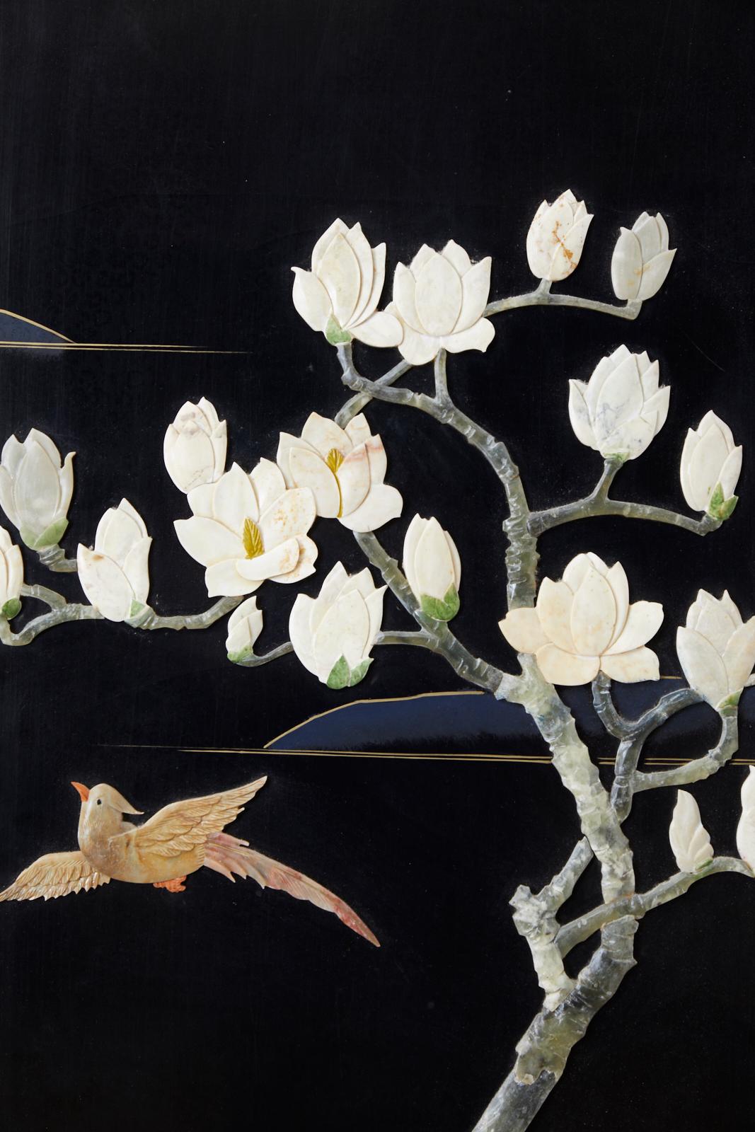 Chinese Four-Panel Screen Flora and Fauna Soapstone 1