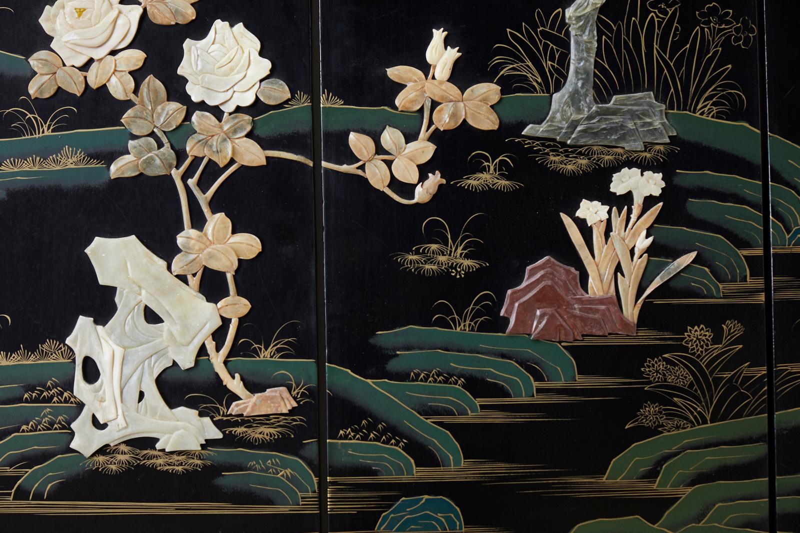 Chinese Four-Panel Screen Flora and Fauna Soapstone 4