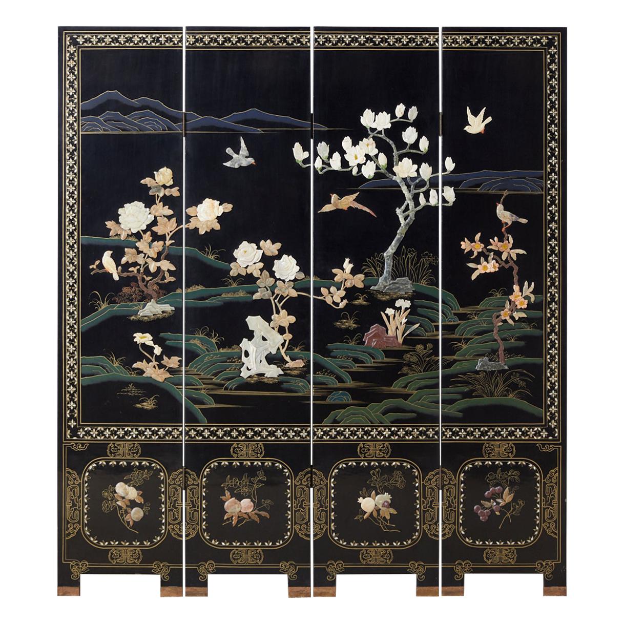 Chinese Four-Panel Screen Flora and Fauna Soapstone