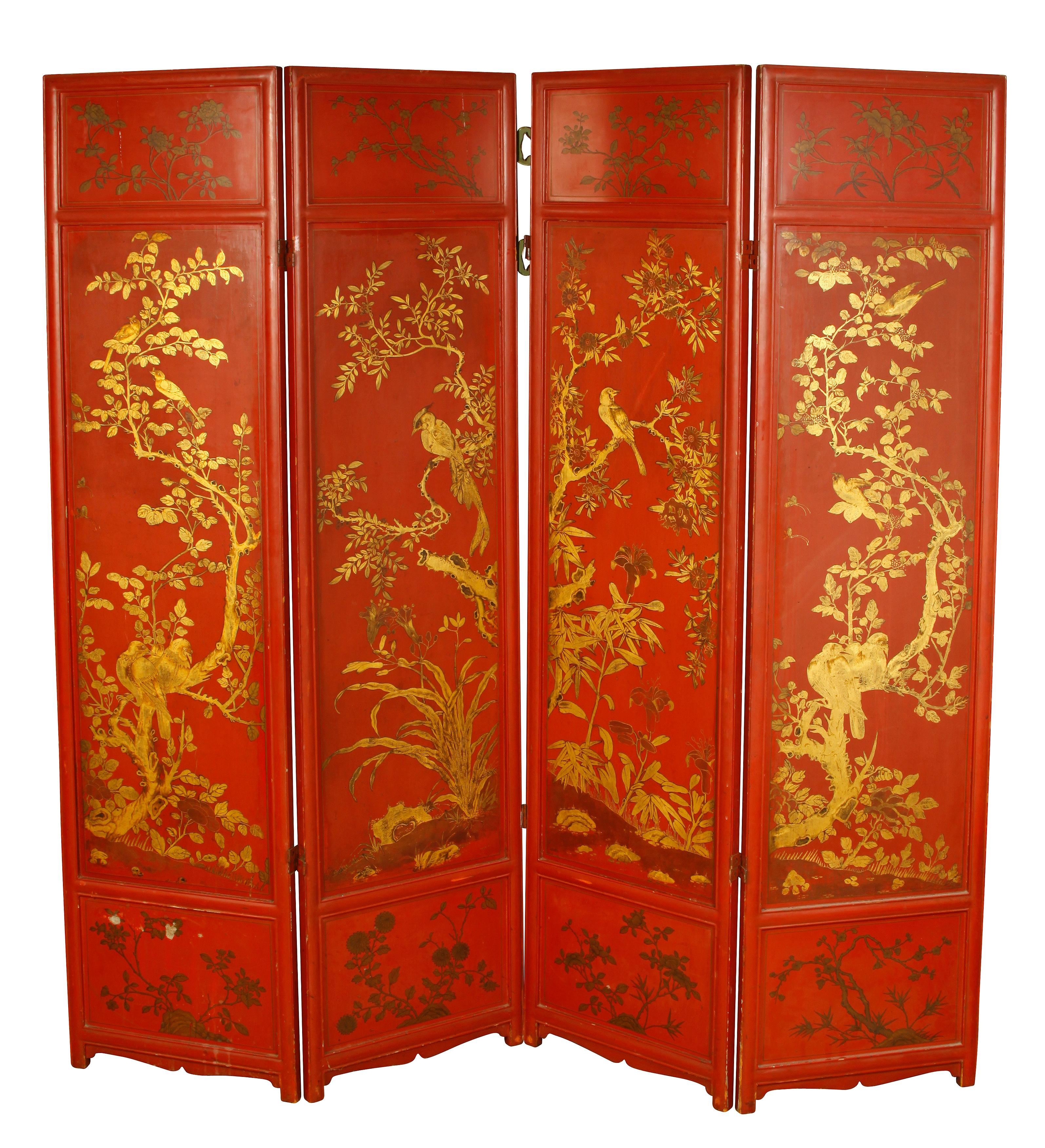 Chinoiserie Chinese Four Panel Screen in Gilt and Red Lacquer