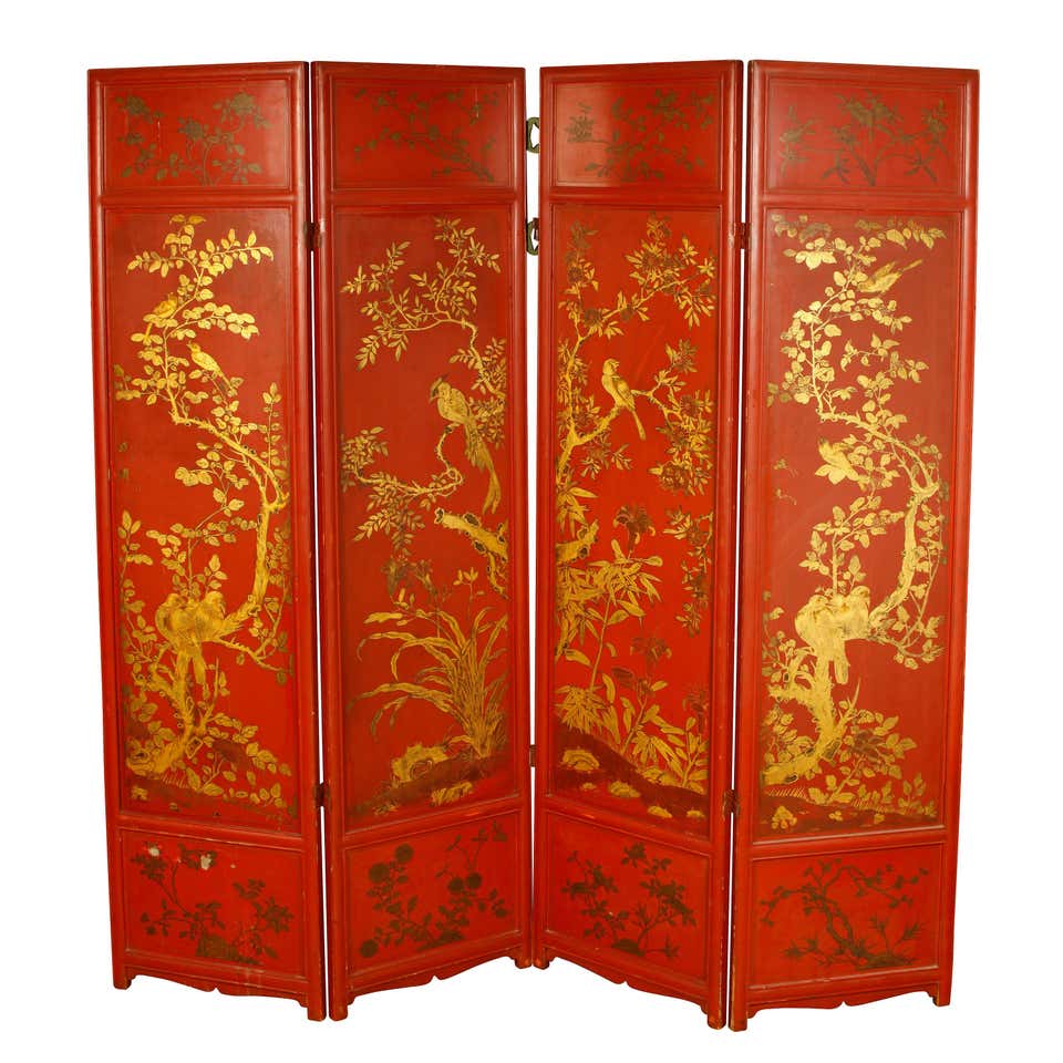 Chinese Four Panel Screen in Gilt and Red Lacquer at 1stDibs