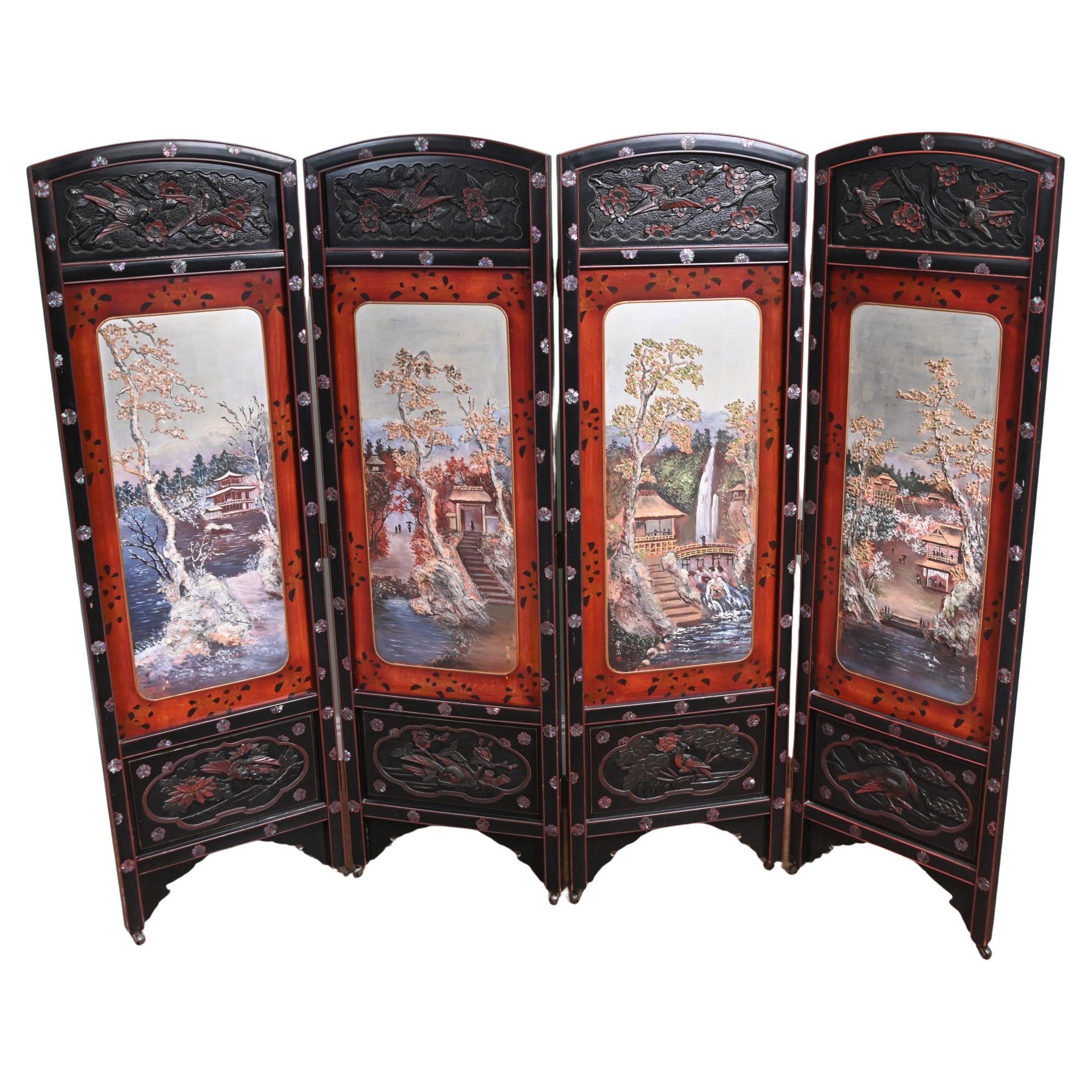 Chinese Four Panel Screen Lacquer Room Divider 1920