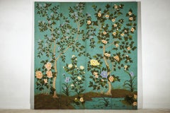Chinese Four-Panel Screen with Hand-Painted Blossoms on Teal Ground