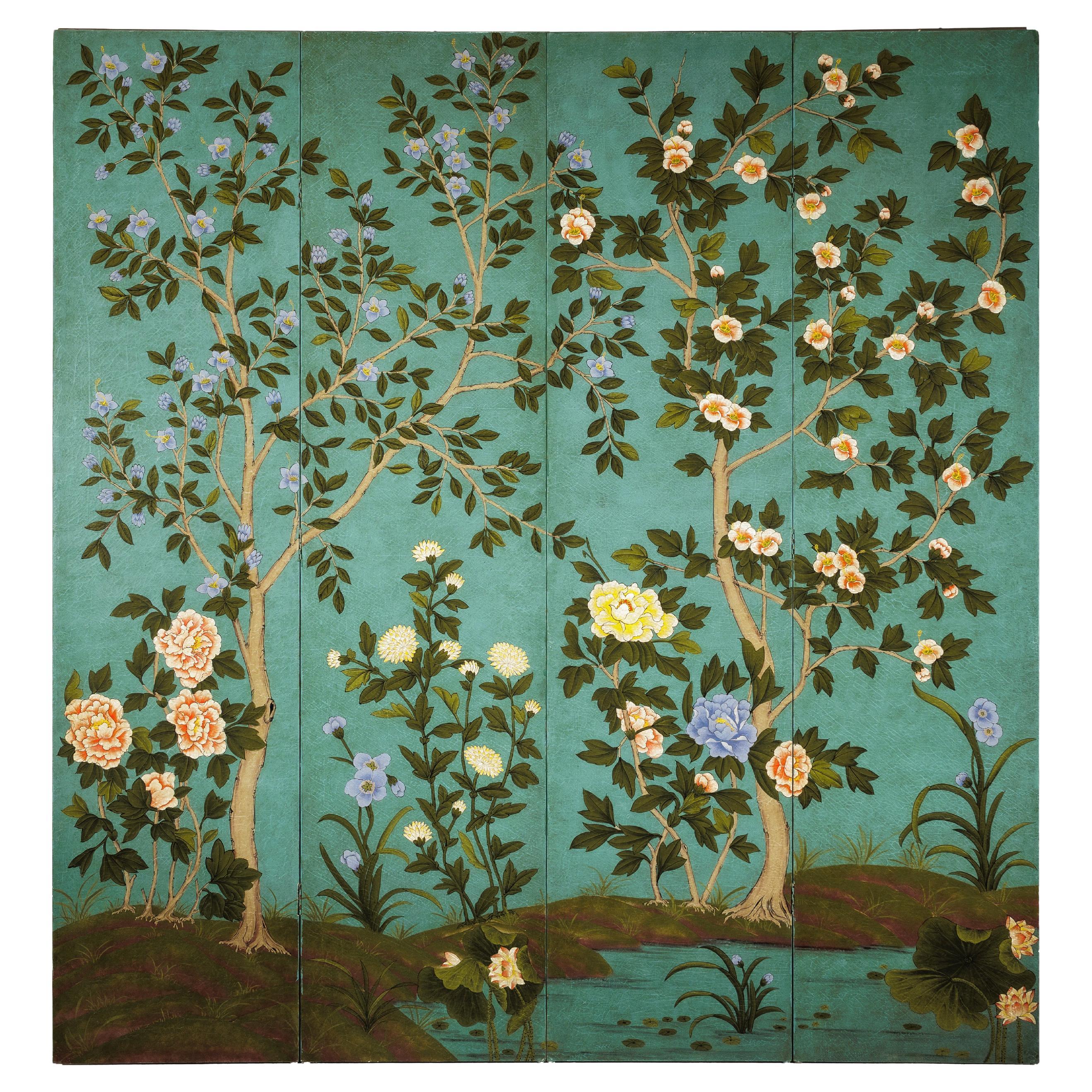 Paravent chinois à quatre panneaux avec fleurs peintes à la main sur fond sarcelle en vente