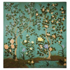 Chinese Four-Panel Screen with Hand-Painted Blossoms on Teal Ground