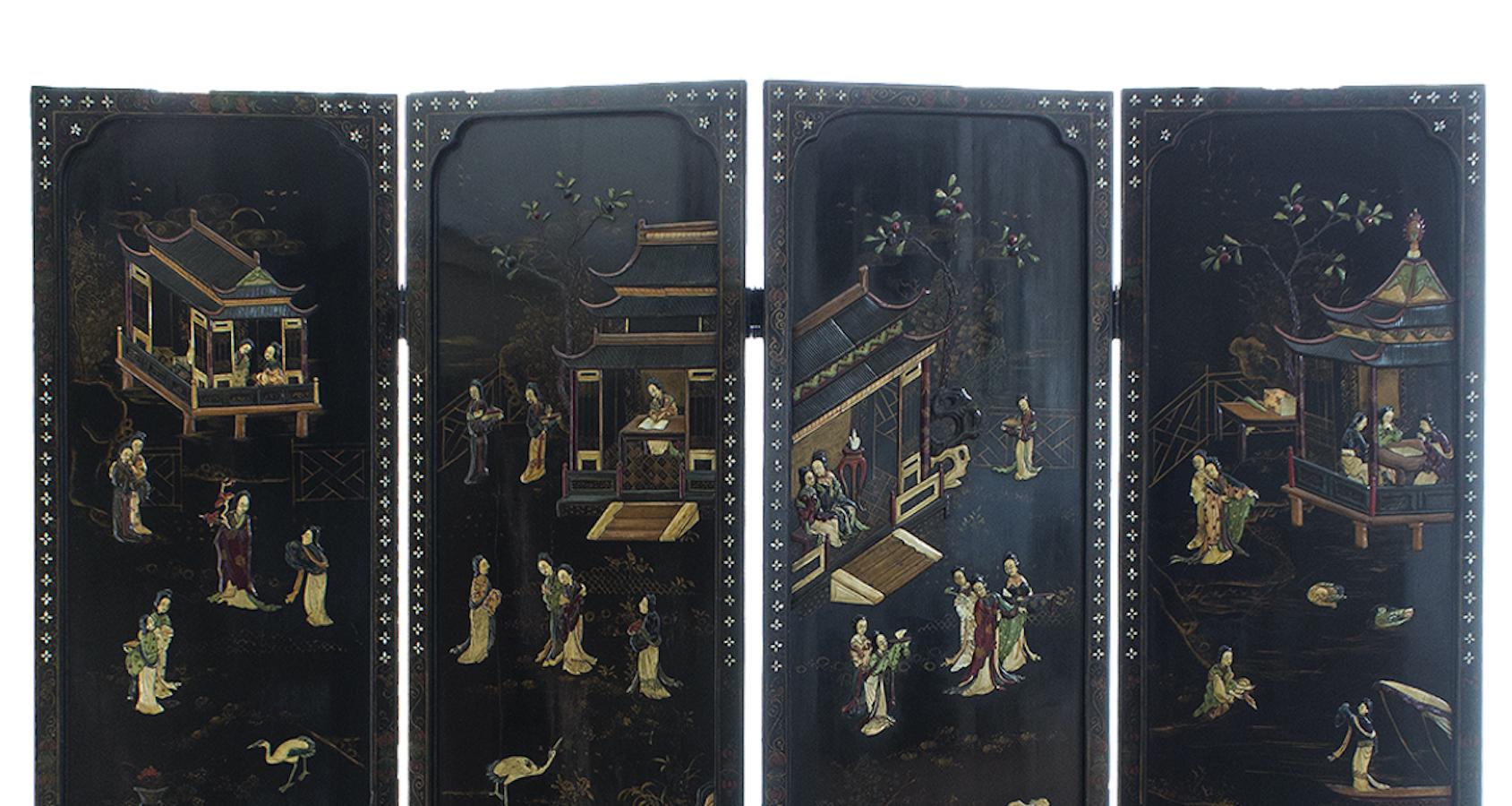 Chinese Four Panels Inlaid Screen, China, Early 20th Century 2