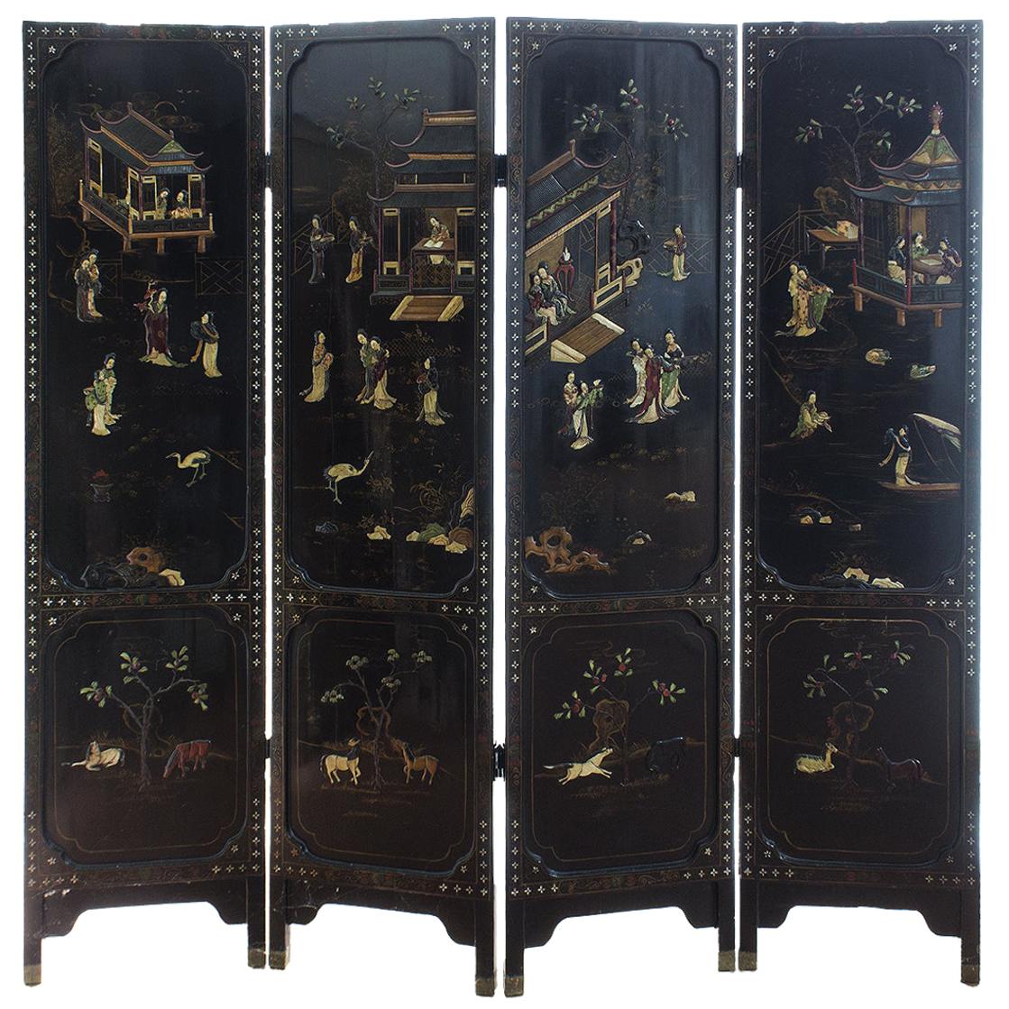 Chinese Four Panels Inlaid Screen, China, Early 20th Century