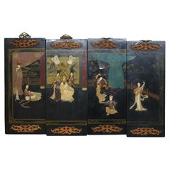 Chinese Four Section Ebonized & Lacquered Genre Scene Wall Plaques 20thC