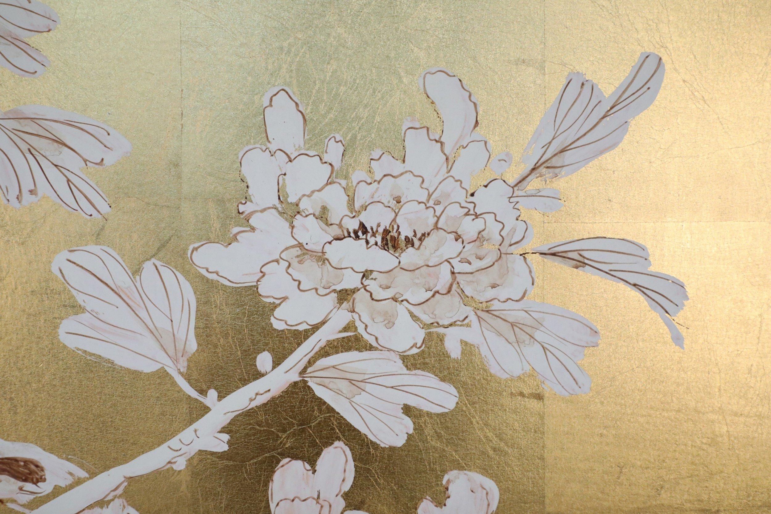 Panneau chinois encadré en acrylique et peint à la feuille d'or d'un arbre en fleurs en vente 3