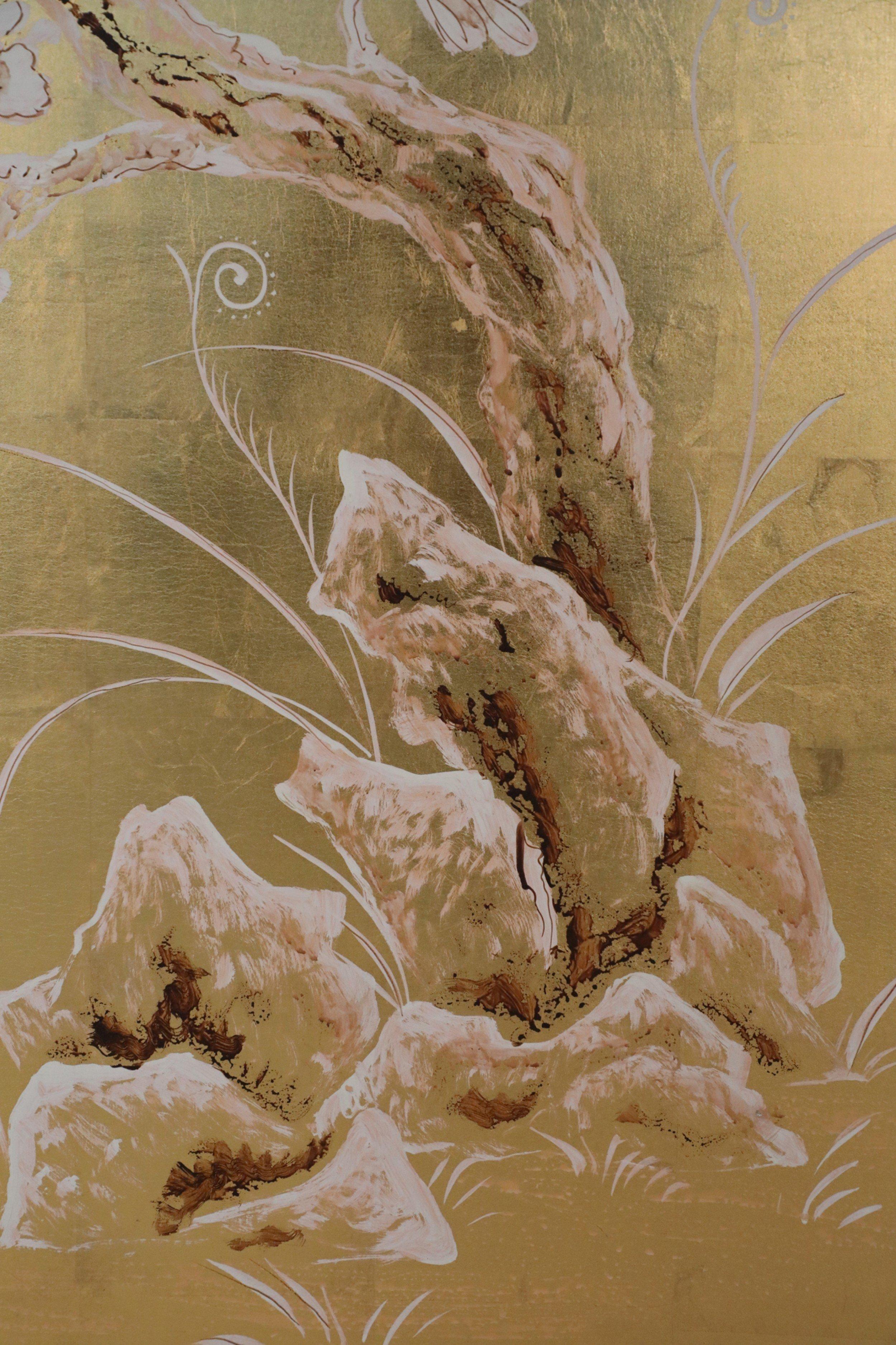 Chinese Framed Acrylic and Gold Leaf Painted Panel of a Flowering Tree For Sale 3