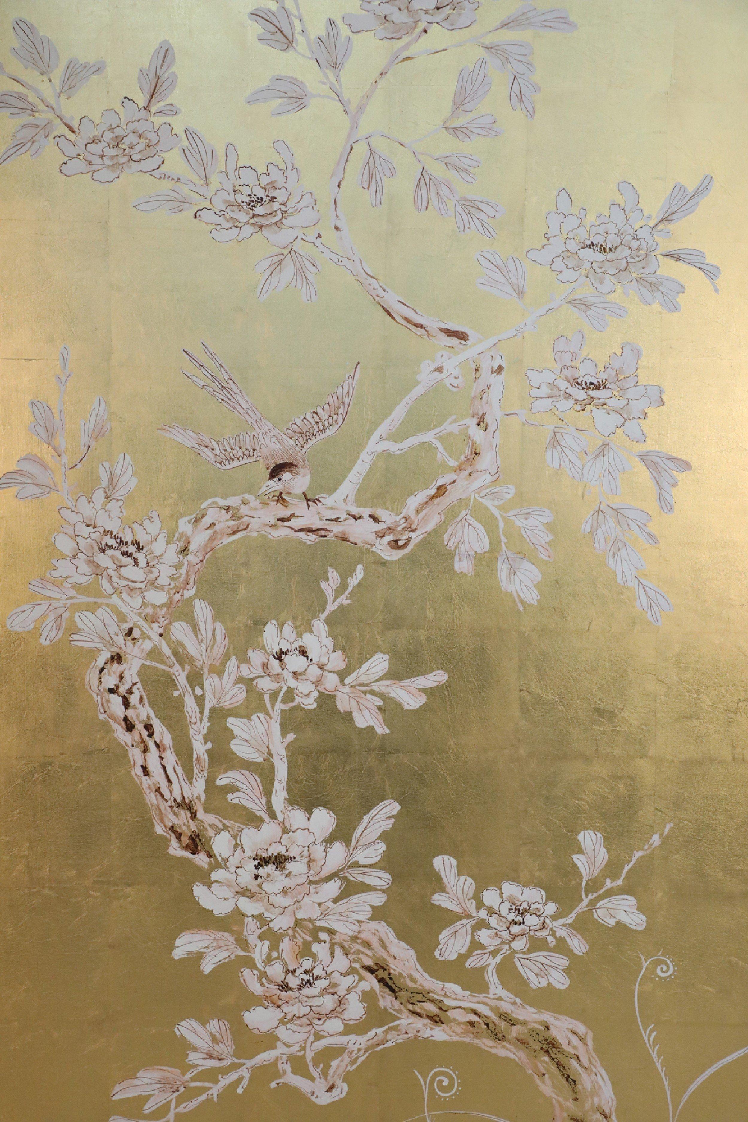 Chinese Export Chinese Framed Acrylic and Gold Leaf Painted Panel of a Flowering Tree For Sale