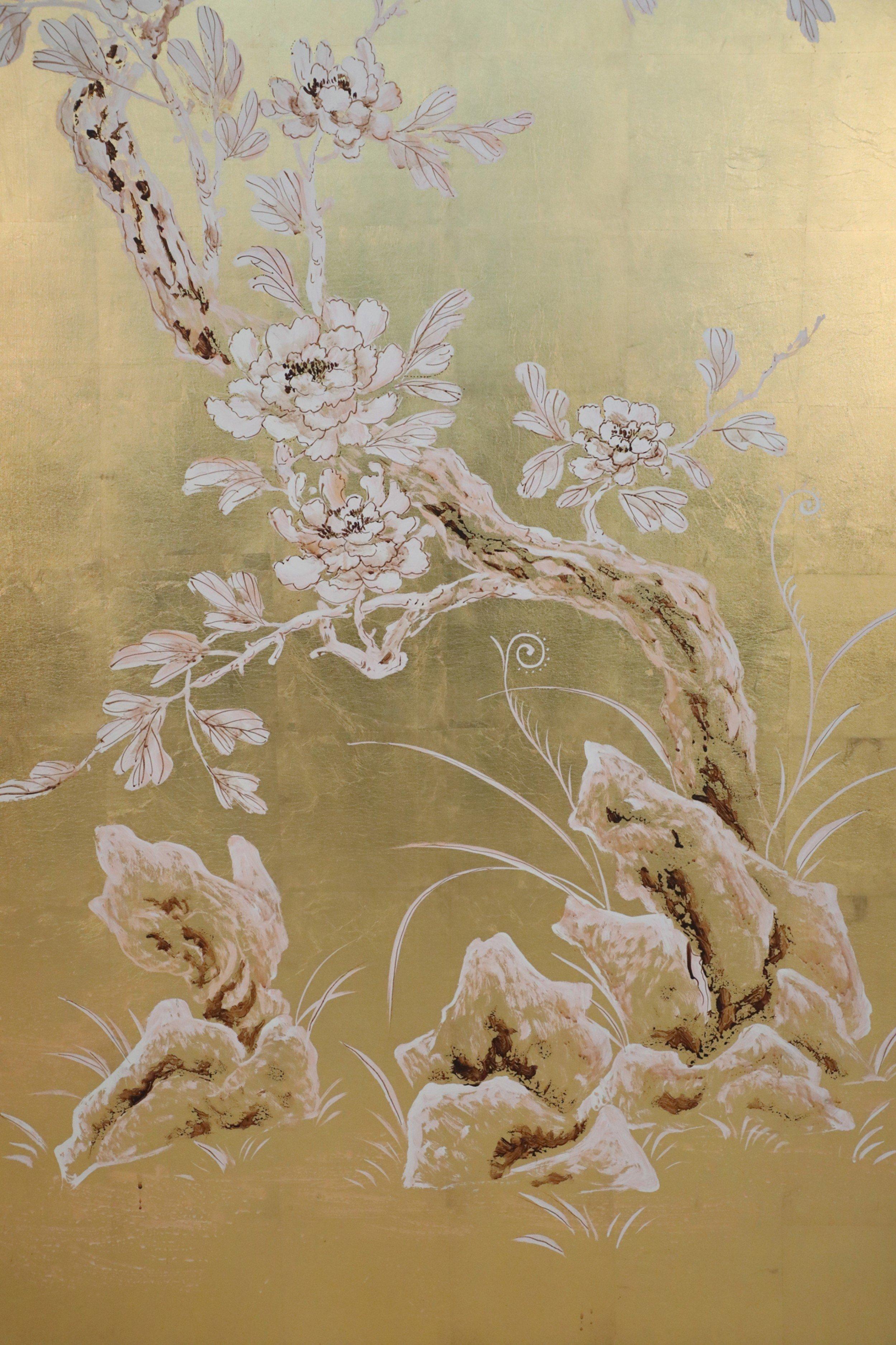 20th Century Chinese Framed Acrylic and Gold Leaf Painted Panel of a Flowering Tree For Sale