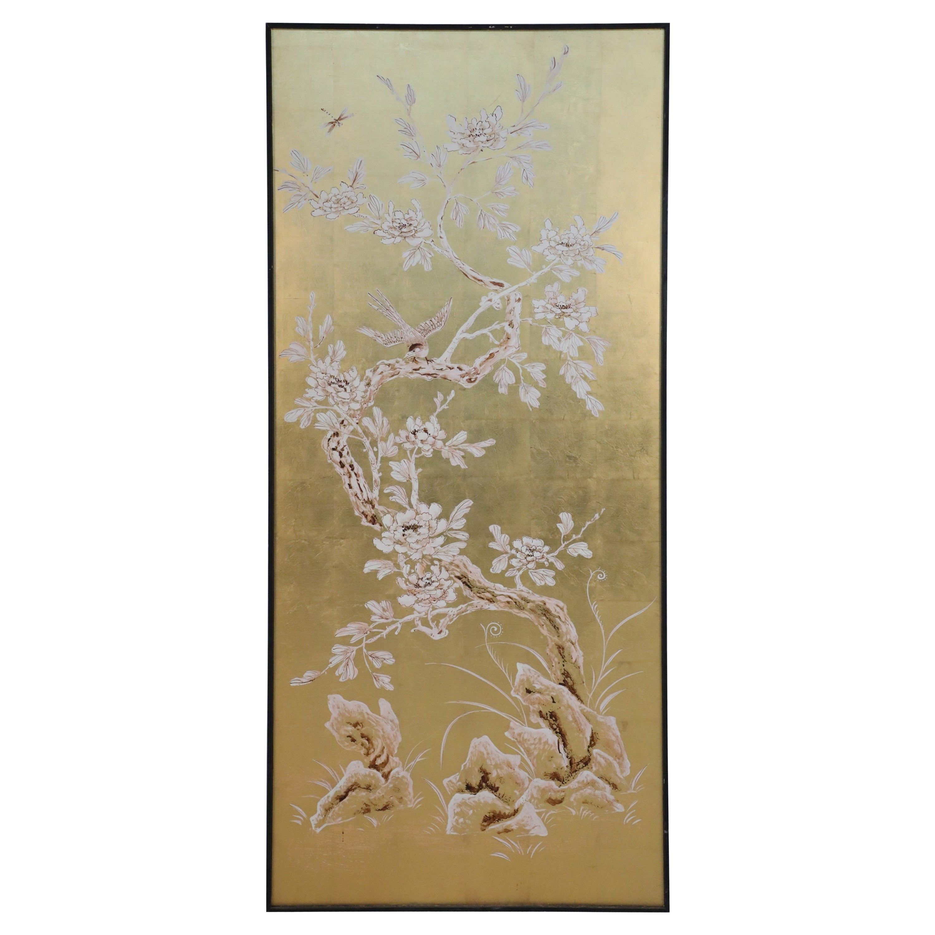 Panneau chinois encadré en acrylique et peint à la feuille d'or d'un arbre en fleurs en vente