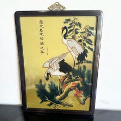 Chinese Framed Reverse Painted Glass of Herons/Egrets
