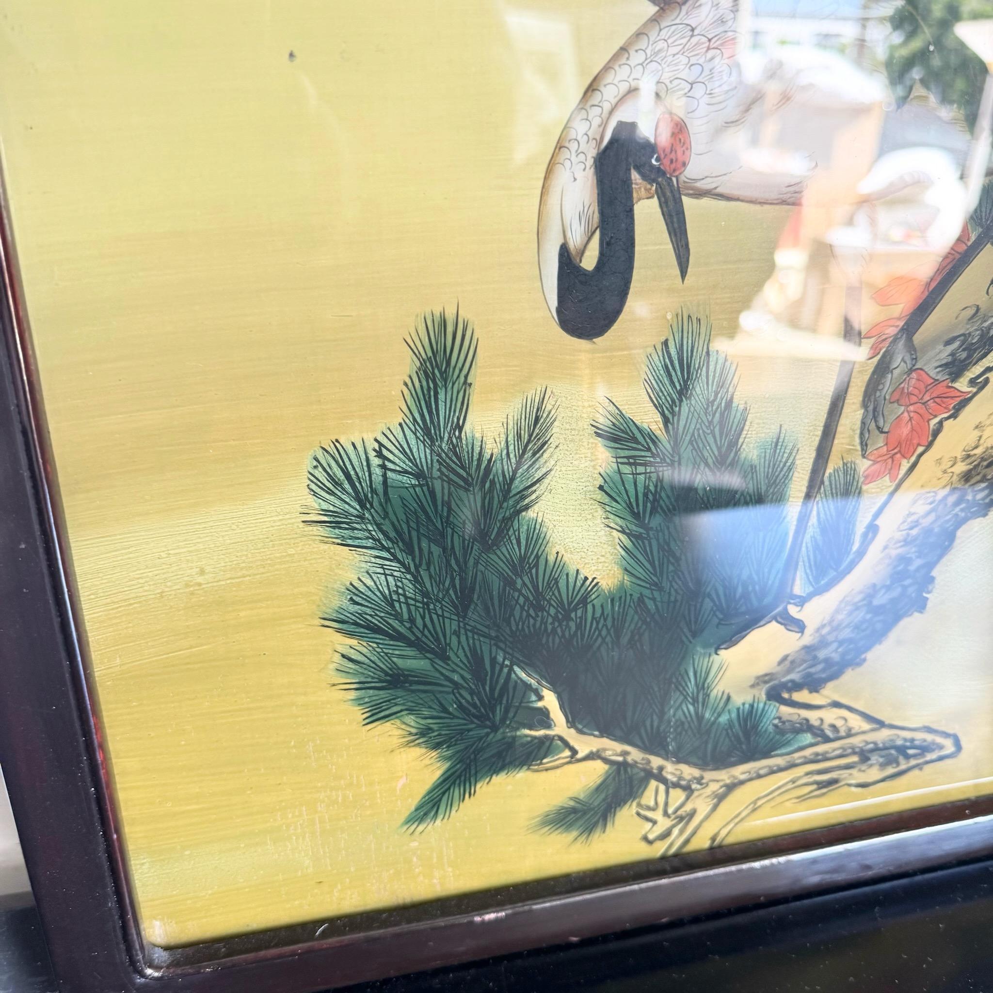 Vidrio Chino Pintado al Reverso de Garzas/Gorzas en venta 2