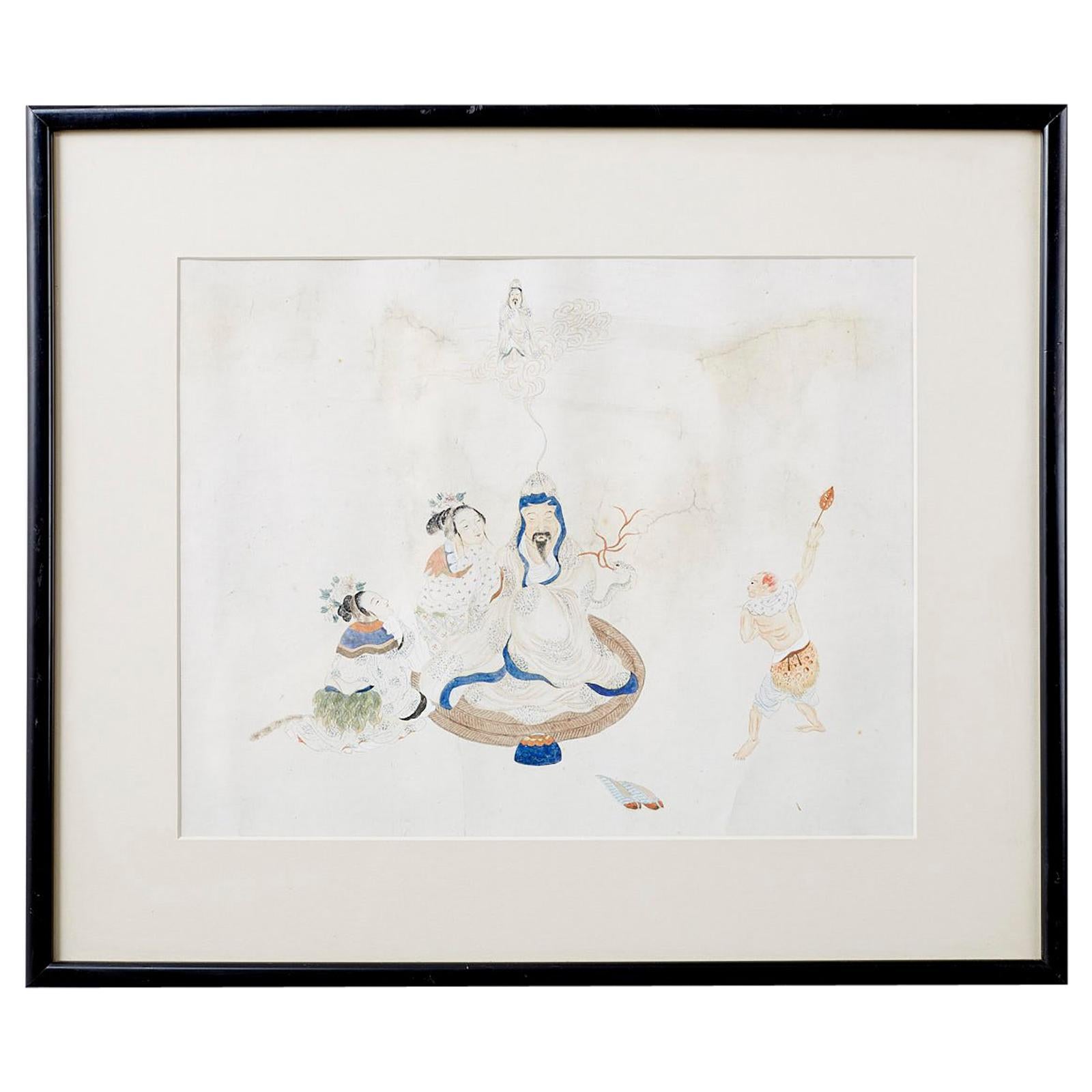Chinese Framed Water Color of a Man and Woman