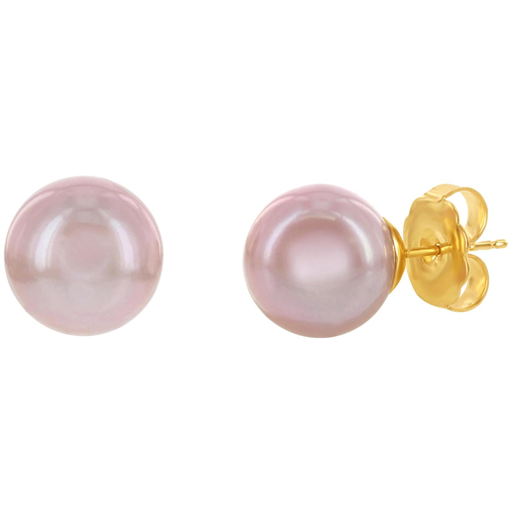 14K Yellow Gold and Cultured Freshwater Natural Color Pink 9.5-10mm Pearl Studs For Sale