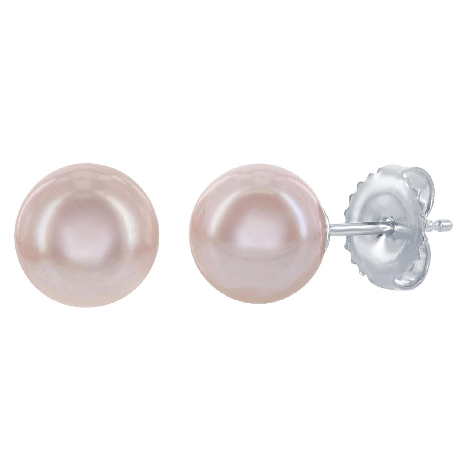 14K White Gold and Cultured Freshwater Natural Pink 8-8.5mm Pearl Stud Earrings For Sale
