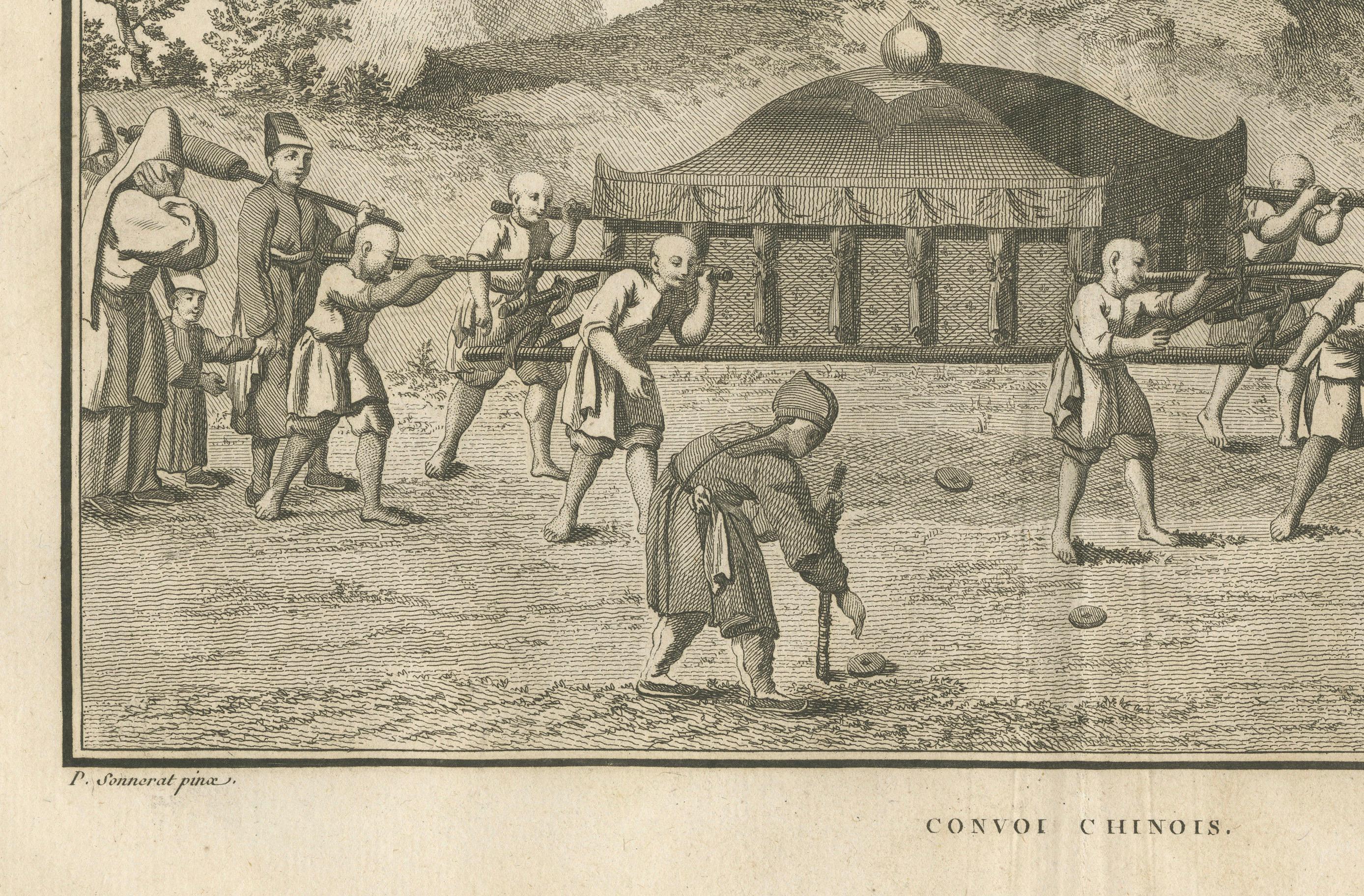Chinese Funeral Procession with Palanquin – Engraving after Sonnerat, 1806

This detailed engraving titled Convoi Chinois (Chinese Procession) captures a solemn and structured funeral convoy in Qing Dynasty China. At the center of the composition, a