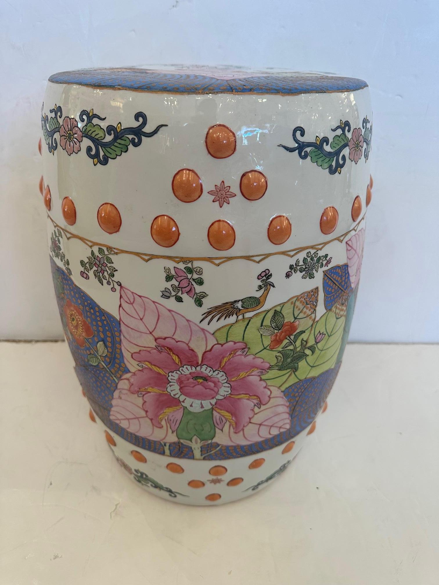 Chinese Garden Seat End Table in Beautiful Colors In Good Condition For Sale In Hopewell, NJ