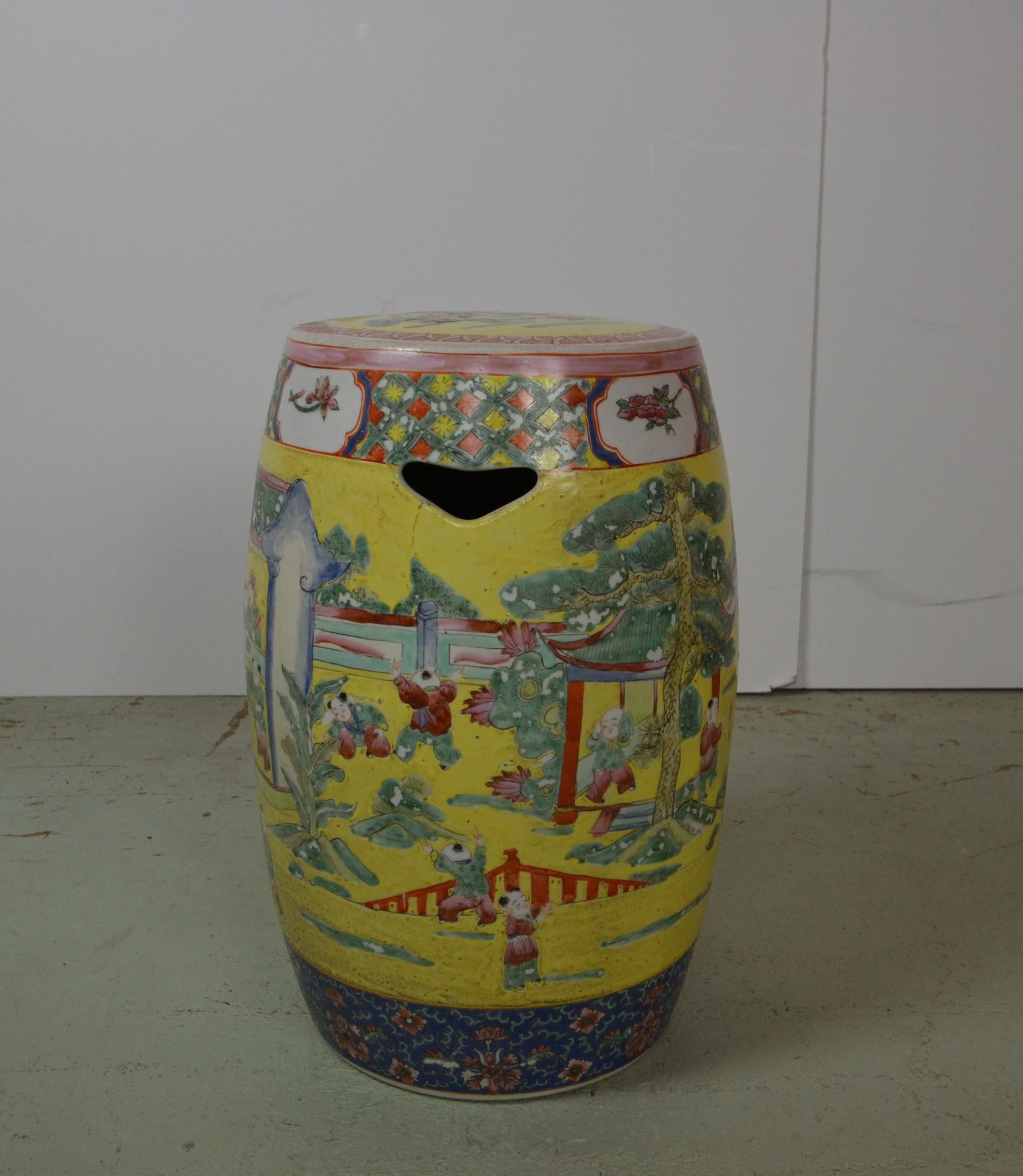 A profusely decorated Chinese garden seat. Features daily life with many figures in traditional Chinese dress. Multi-color enamels. Top and bottom bands with floral motif's. Measures: 12