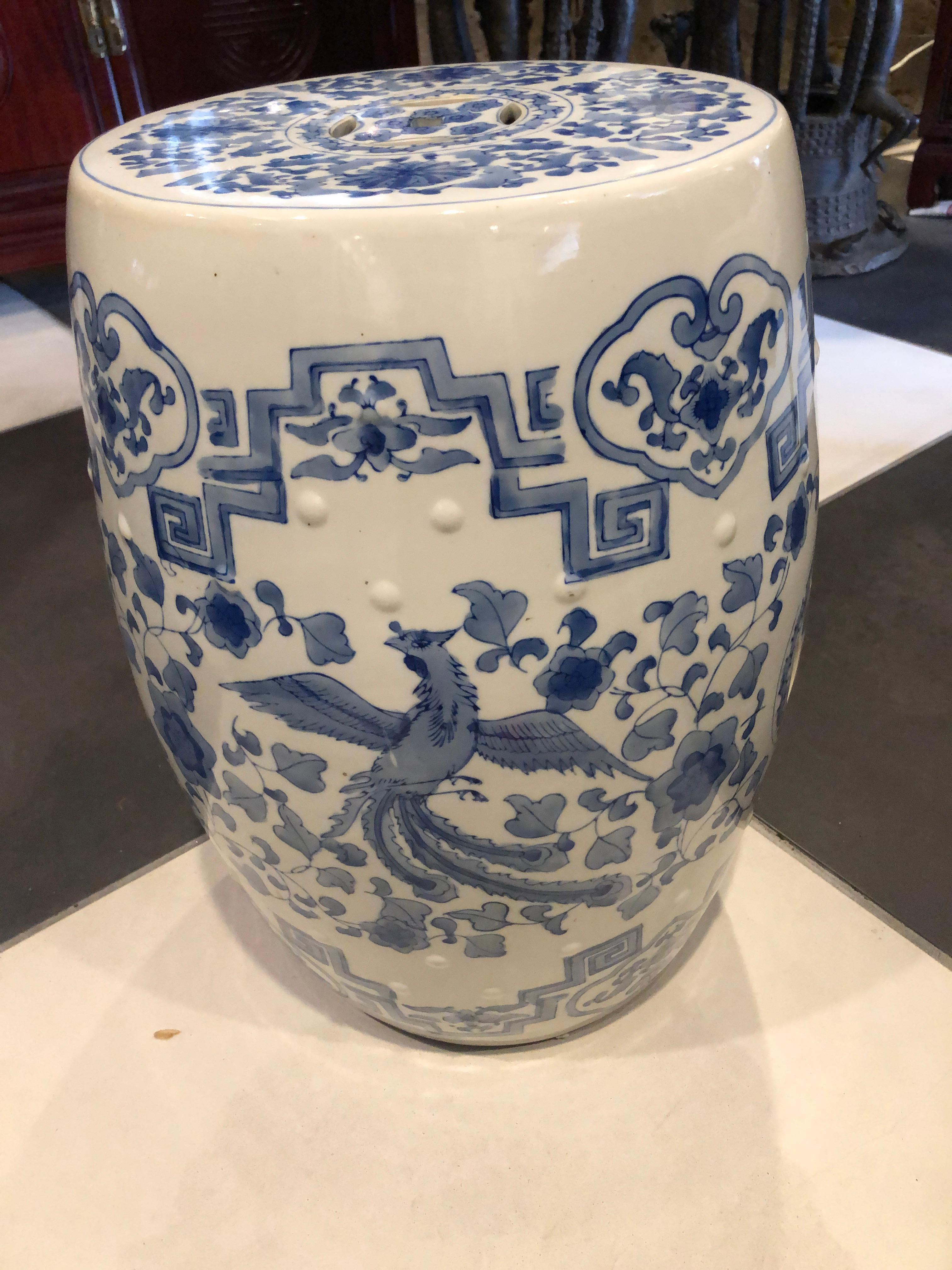 This Chinese garden stool/side table is hand painted in blue and white in the Dragon and Phoenix Design. Pierced top and side completes the look in the old style.