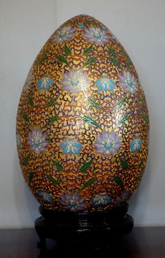 Chinese "Giant" Cloisonné Enamel Egg "Flowers" with Wood Stand #Ja1