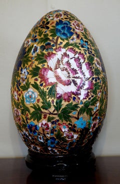 Chinese "Giant" Cloisonné Enamel Egg "Flowers" with Wood Stand #Ja2