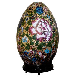 Oeuf chinois "géant" en émail cloisonné "fleurs" avec support en bois #Ja2