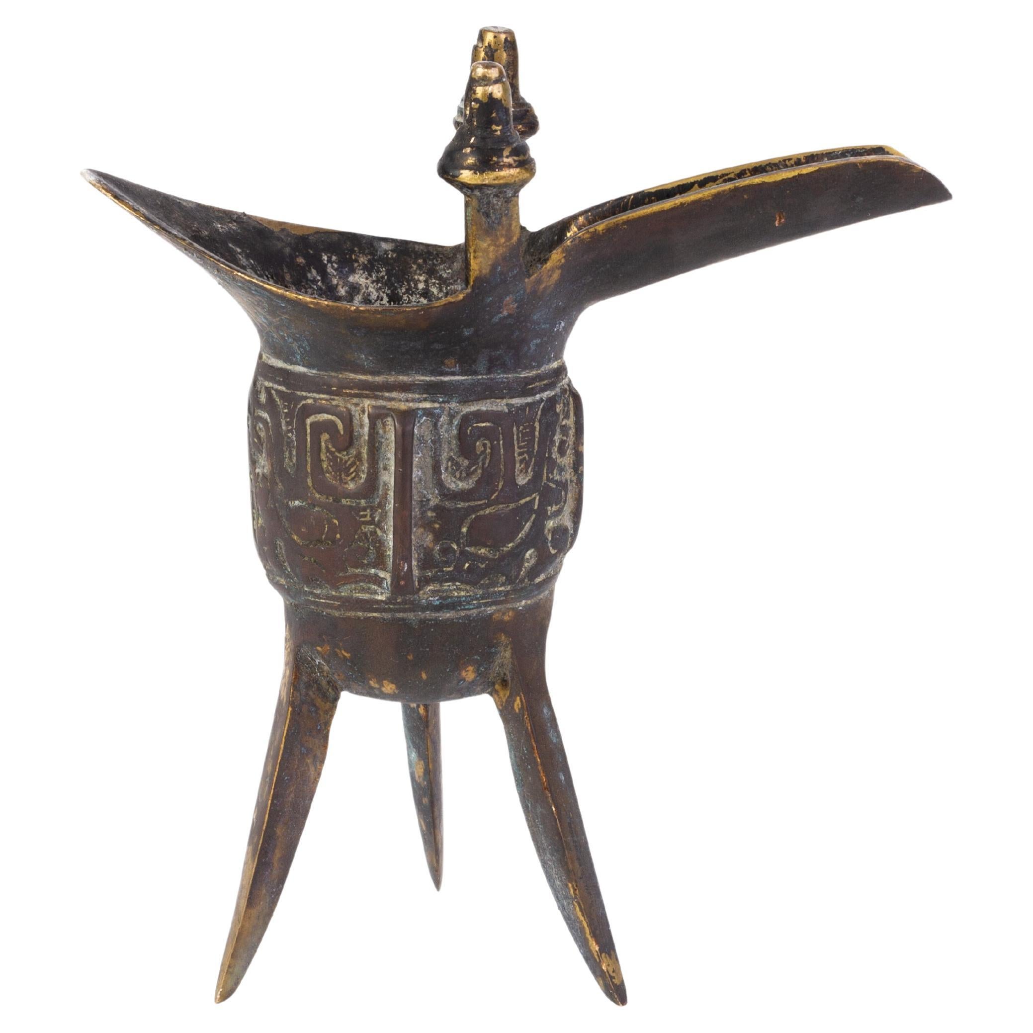 Chinese Gilded Gilt Bronze Jue Ritual Archaistic Vessel  For Sale